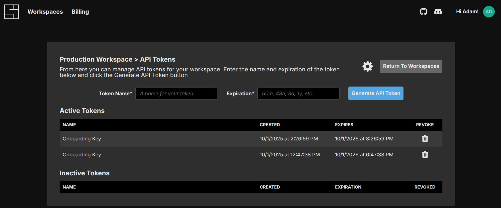 API Token Screen