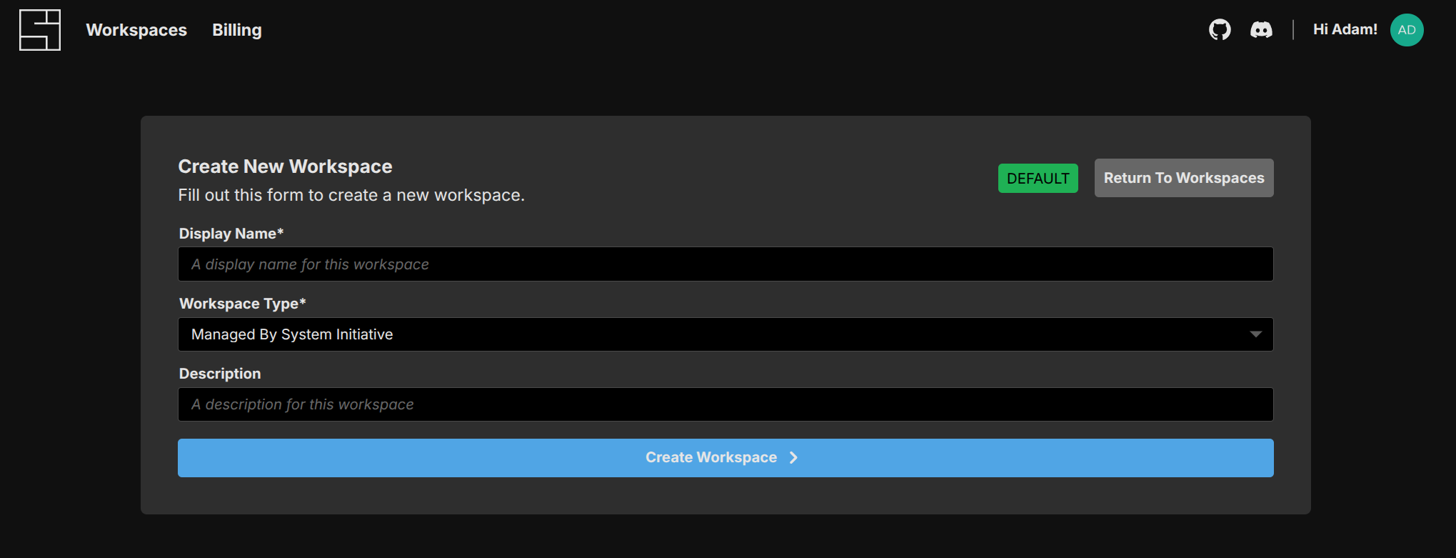 Create New Workspace Screen