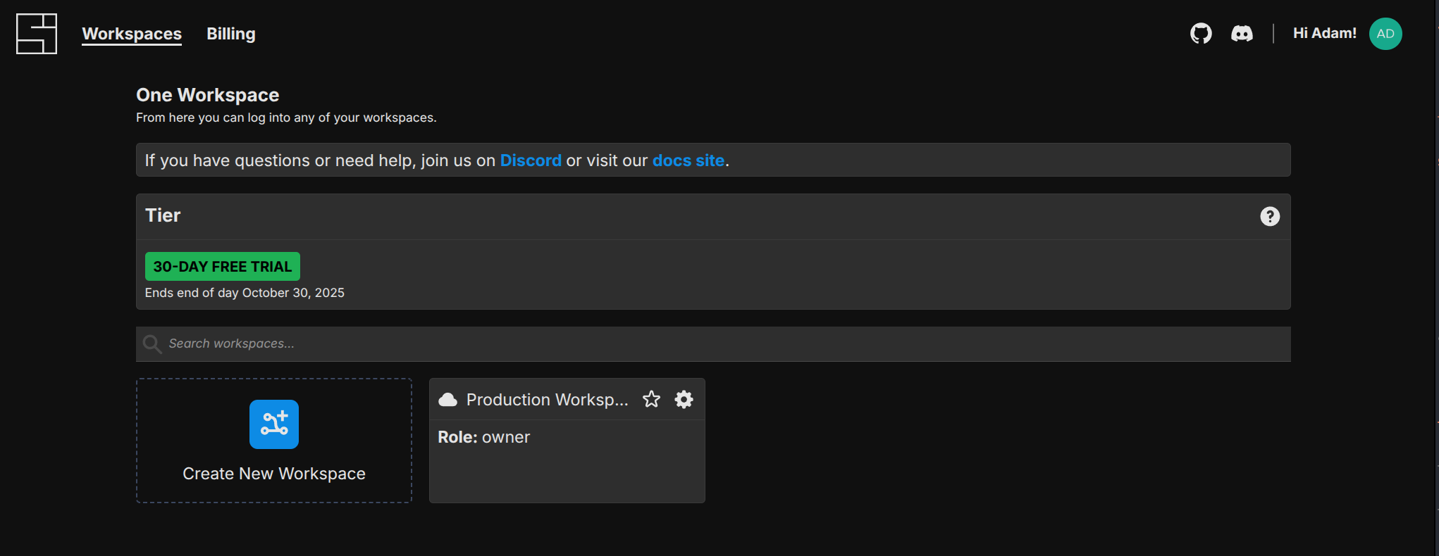 Manage Workspaces Screen
