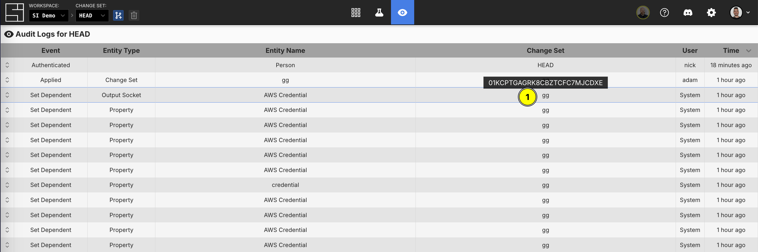 Hover for change set