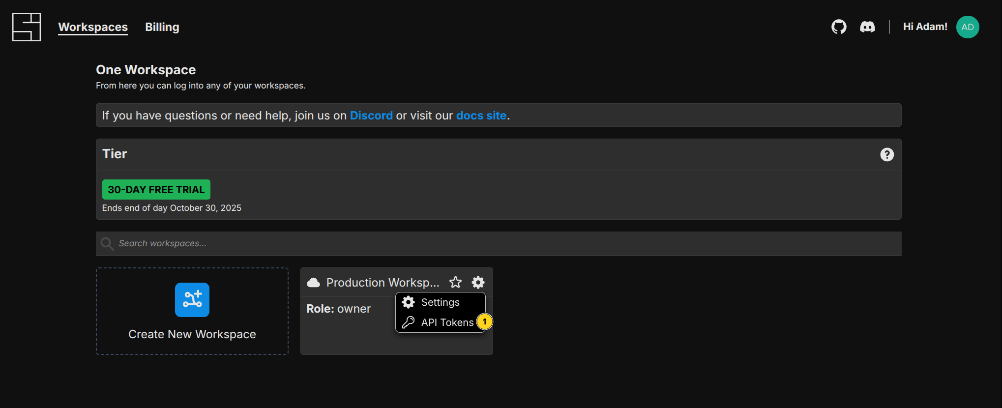 API Tokens Workspace Management