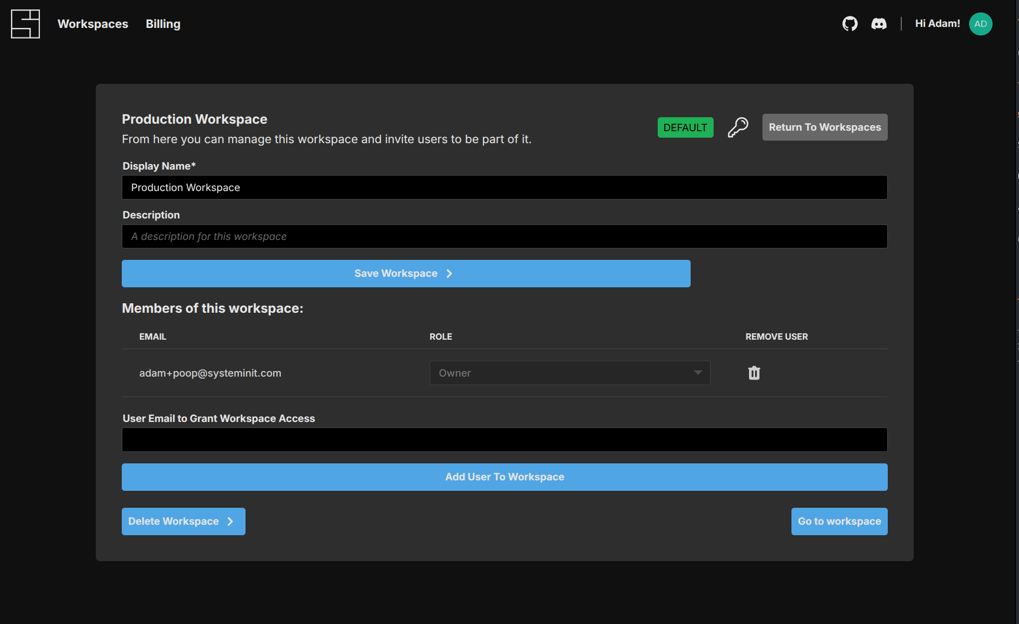 Workspace Settings Page